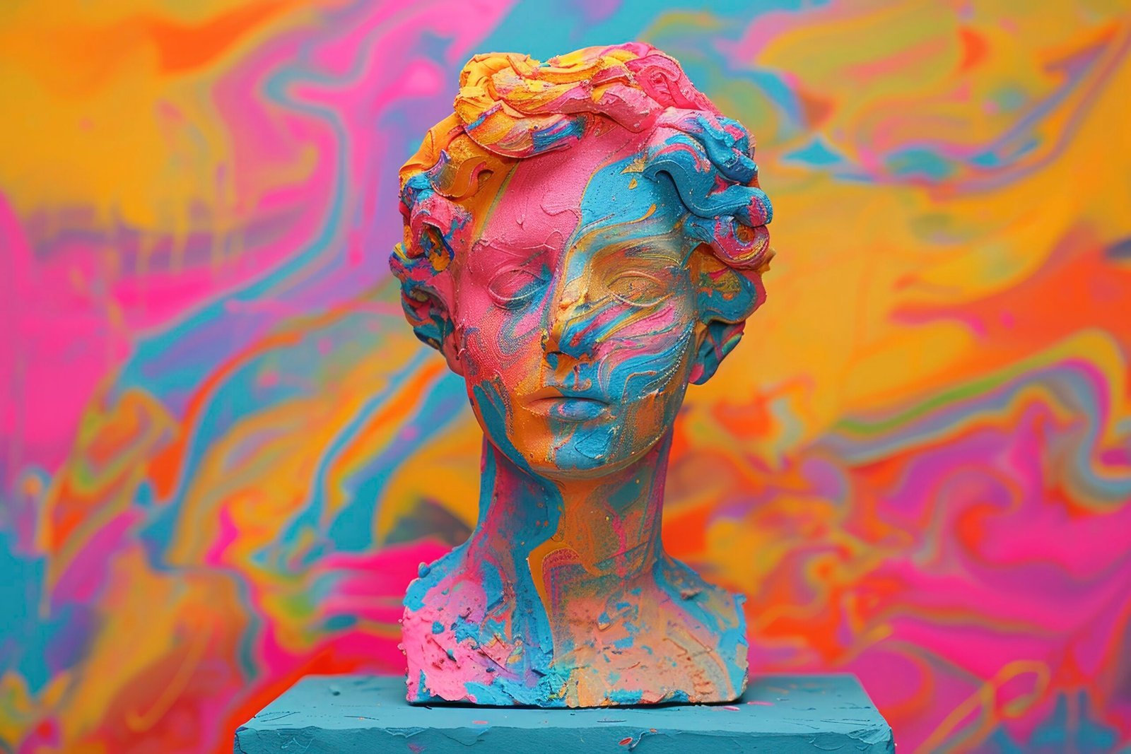 A Greek bust molded from vibrant playdough, portraying a mischievous sprite against a backdrop of playful rainbow colors, embodying youthful energy and creativity. . --ar 3:2 --stylize 250 Job ID: 2d5e44ea-a69f-43d8-9148-4d8501da53b9